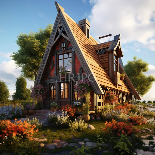 wooden cottages showcase vibrant gardens amidst stone pathways on a sunny day