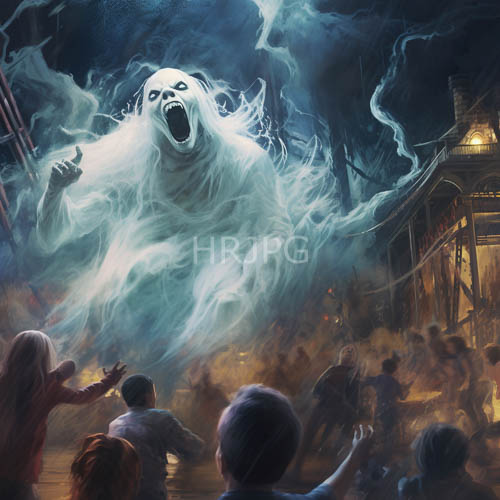 glowing white figures overwhelm terrified onlookers under dark blue night sky illuminated by wispy clouds