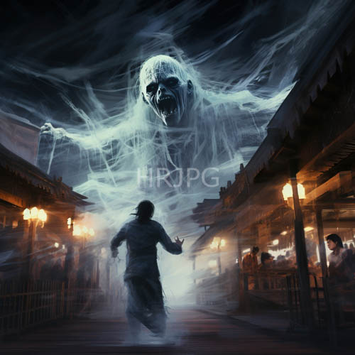 looming spectral figure amidst market nighttime wooden buildings flickering lanterns wisps shadows