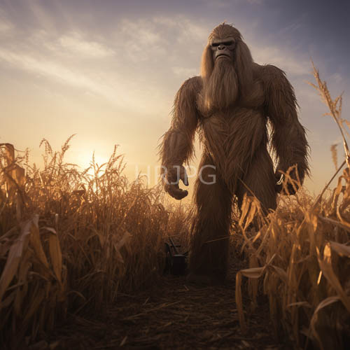 wookiee amidst cornfield at sunset with partly cloudy skies and low sun