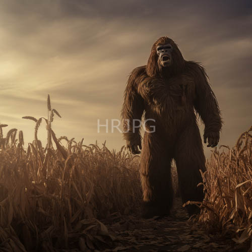 wookiee silhouetted against dry cornfield at sunset under cloudy yelloworange skies