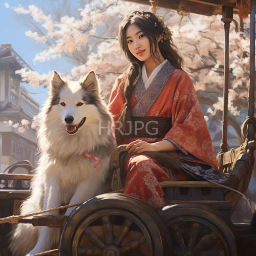 High Resolution: Samoyed dogs accompany Asian women in redandgold kimonos under blooming cherry blossoms download. | HRJPG.com