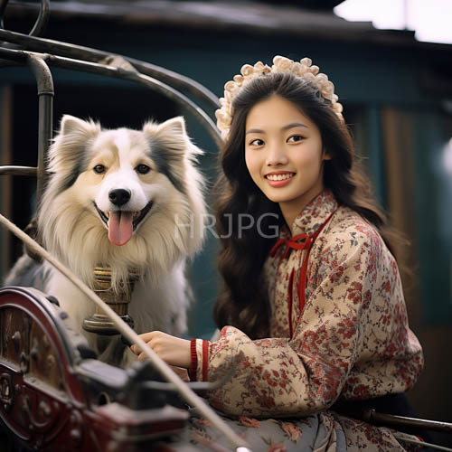 women in traditional floral clothing with border collies on vintage carriage equipment in lush garden settings
