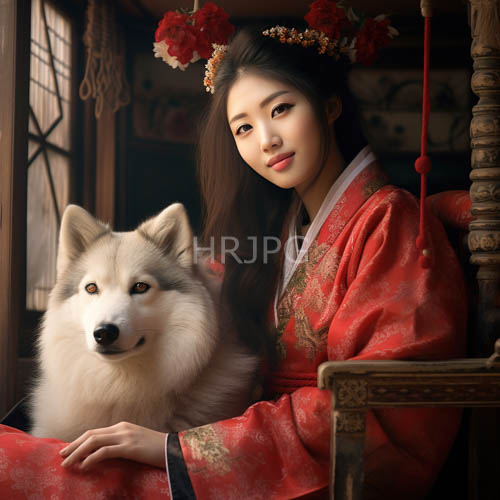 east asian women in traditional wooden rooms with fluffy white samoyed dogs and floral kimonos