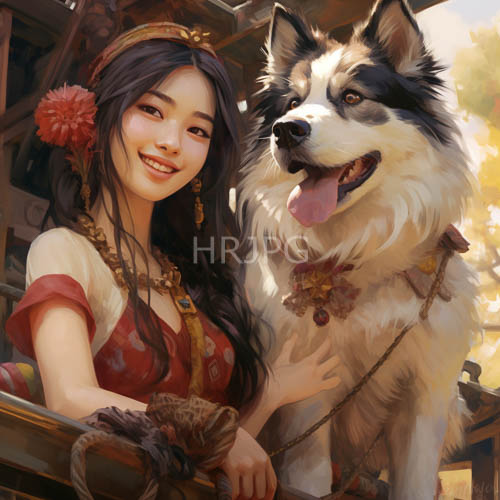 thick fur coats on siberian huskies contrast with red floral dresses