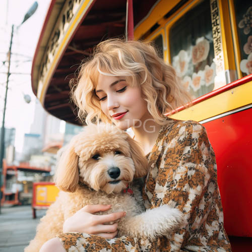 colorful vintage trams display floral decals behind a sitting poodle