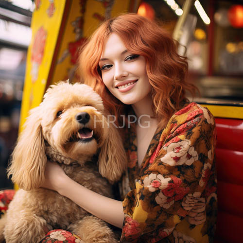 woman in floral kimono with excited poodle in carnival background