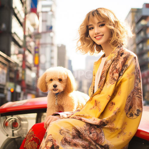wavy blonde woman in yellow floral kimonostyle robes rides scooter on city streets