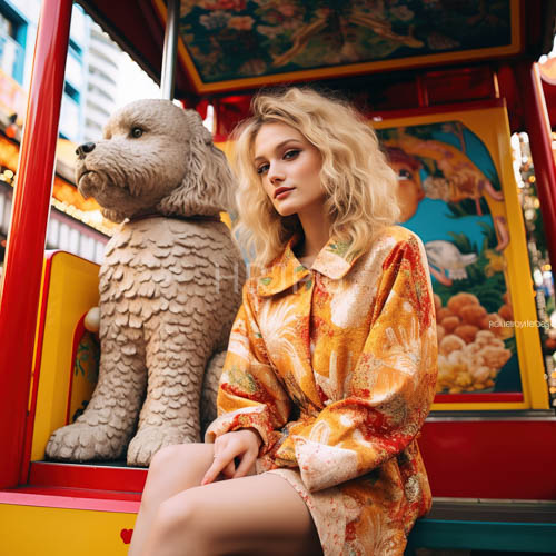woman in orange floralpatterned silk robes beside textured stone poodle statue amidst whirling carnival rides