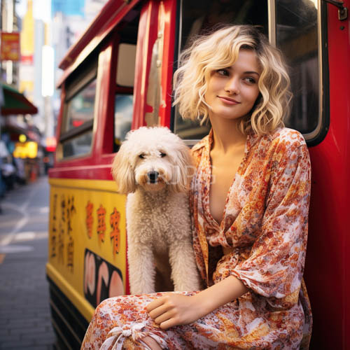 urban woman sits beside her poodle on a vintage red tram amidst bustling street life