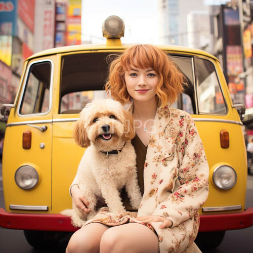 High Resolution: Vibrant city street with Asian woman in red hair surrounded by colorful billboards and vintage taxi download. | HRJPG.com