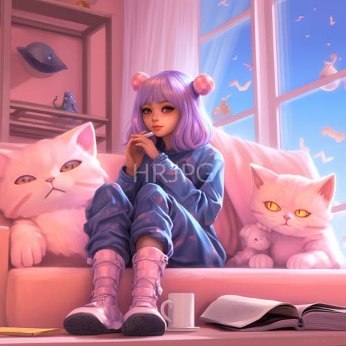 animestyle girl in morning study with pastelcolored surroundings and soft sunlight
