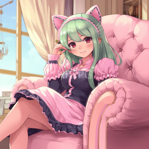 greenhaired girl in maid outfit by large window
