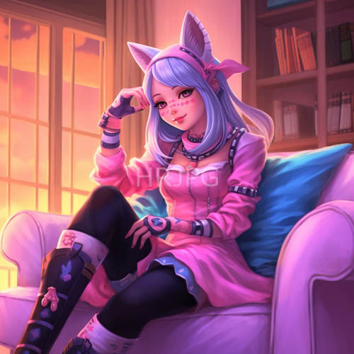 animestyle girls relax on a white couch amidst a serene sunset domestic