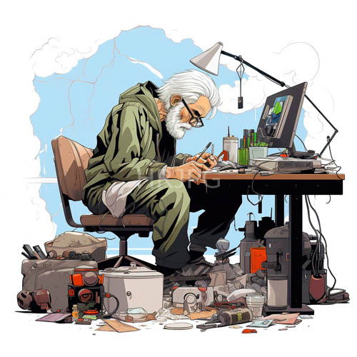High Resolution: White hair and beards frame intense focus over cluttered electronic workbenches download. | HRJPG.com