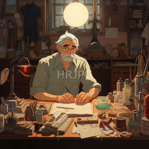 dimly lit workshop lamps illuminate scattered hand tools on wooden desks