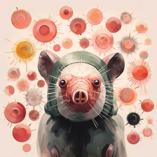 green hoods frame anthropomorphic pigs around abstract watercolor circles