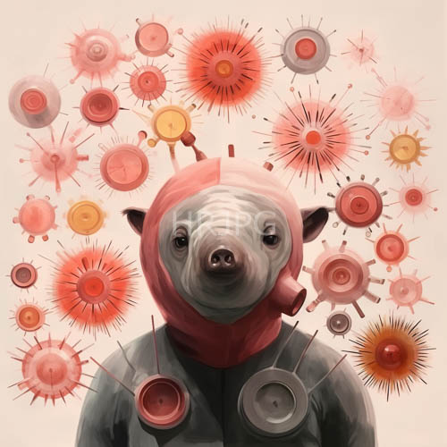 High Resolution: Pink and orange scientific diagrams float behind pig characters on beige download. | HRJPG.com
