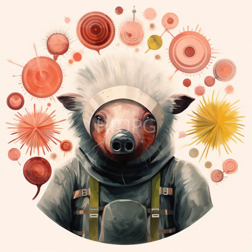 pinkish red circles and yellow paint splashes surround pig character illustrations
