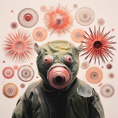 red and white circular motifs decorate beige laboratory settings around pigs