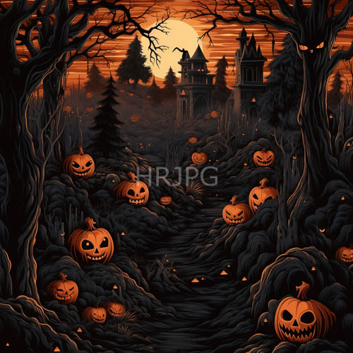 gothicstyle castles silhouette against fiery autumn landscapes in halloween forest settings