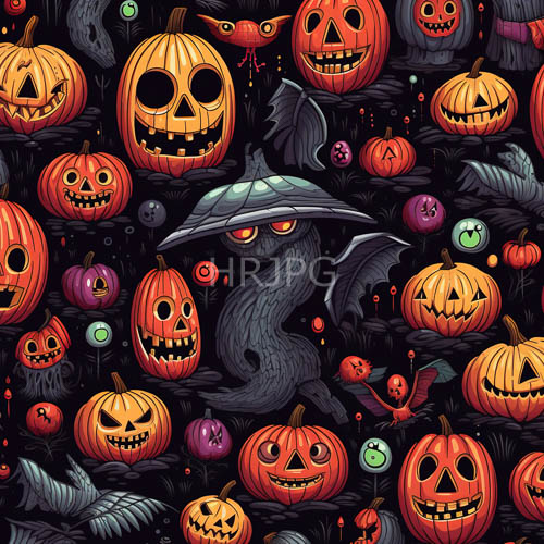 pumpkins with menacing grins and toothy expressions in autumn foliage under misty moonlight