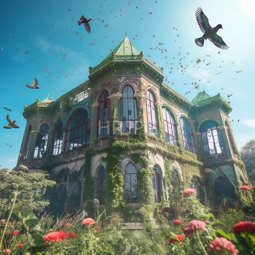 victorian mansions overgrown in lush green ivy amidst vibrant pink blooms under open blue sky