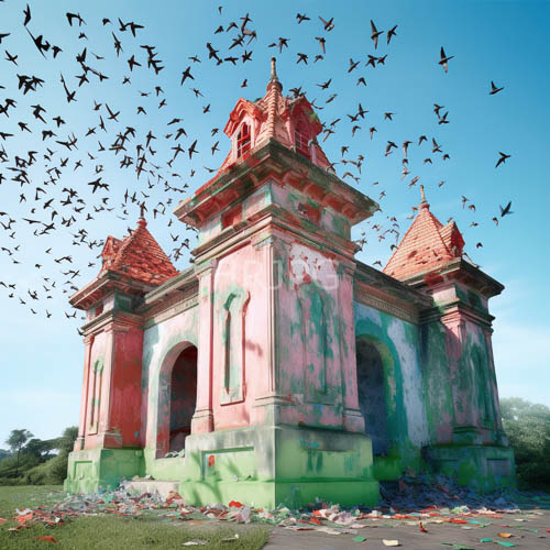forgotten solitude of pinkandgreen mausoleums in clear blue skies amidst grass and debris