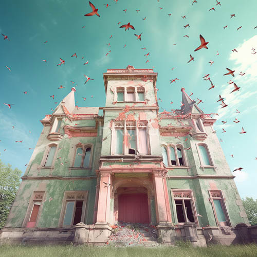 High Resolution: Abandoned Victorian Mansion Displays Weathered Architectural Beauty Amid Turquoise Skies download. | HRJPG.com