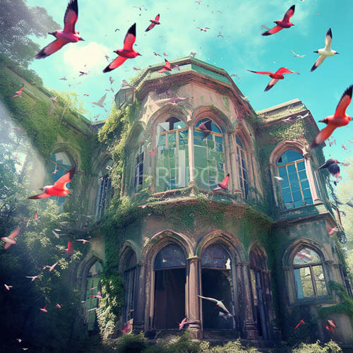 energetic pink birds flit through mosscovered gothic mansions amidst lush forest surroundings