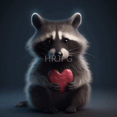 fluffy gray raccoons holding delicate red hearts against dark blue gradients