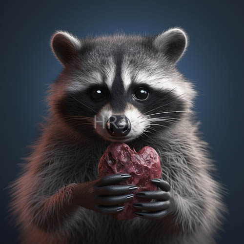 High Resolution: Raccoon holds raw meat in small paws against dark blue gradient download. | HRJPG.com