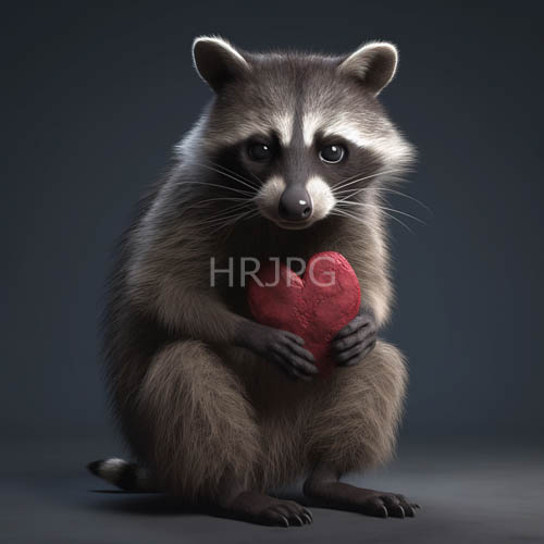 raccoons expressive whiskers and textured red heart against smooth gray background