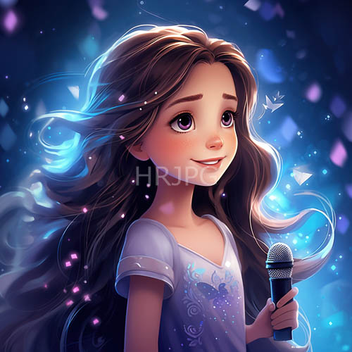 anime girl with flowing brown hair and purple eyes amidst glowing blue light and sparkling petals