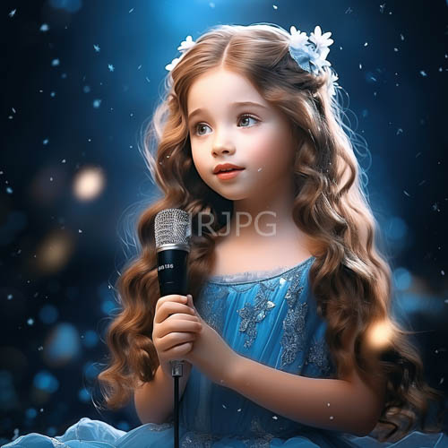 silver lace adorns young singers blue dress in blurred background lighting