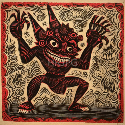 woodcut print showcases humanoid figures with exaggerated features in folkhorror setting with woodcut technique