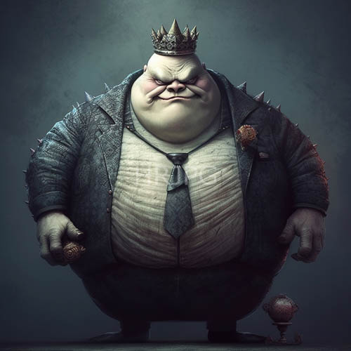 spiked leather jackets adorn a paleskinned man with a crown and loose tie in a grimy urban setting