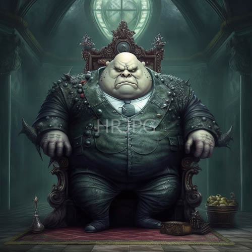 High Resolution: Orc King Sits Upon Ornate Wooden Thrones in Dimly Lit Gothic Chamber download. | HRJPG.com