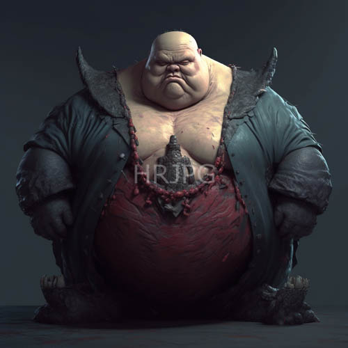 tattered green coats drape over the exposed belly of an enormous humanoid figure in a mysterious dark fantasy world