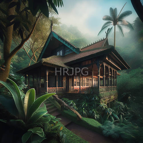 tropical forest surrounds traditional wooden house with greentiled roof and ornate balconies