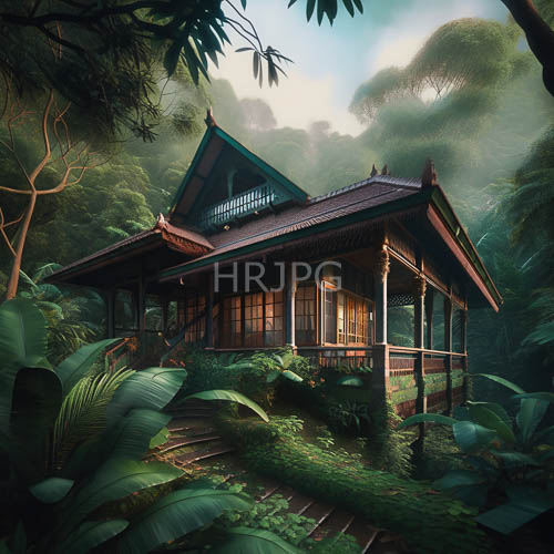 High Resolution: Jungle Foliage Surrounds Traditionally Designed Wooden House with Steep Roof and Ornate Eaves download. | HRJPG.com
