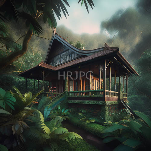 wooden pavilion amidst lush jungle foliage under misty mountain sunlight