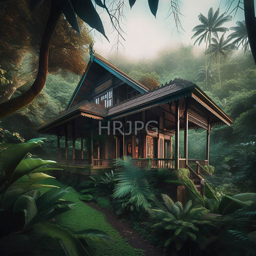 emerging wooden houses on jungle stilts amidst ferns and palm trees