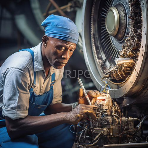 male mechanics in blue headscarves engage in intricate engine repairs under dim workshop lighting