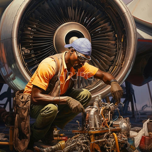 orange shirts stand out beside massive jet turbines in dim hangars