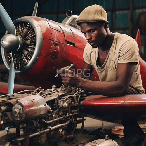 precision hand tools align vintage airplane engine parts in dark workshops