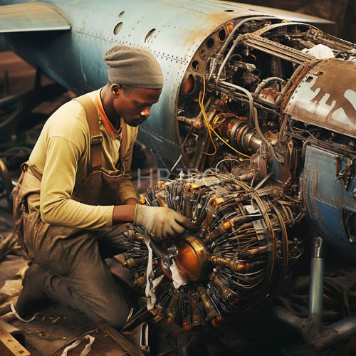 High Resolution: Dim workshop lights highlight delicate radial engine components under repair download. | HRJPG.com