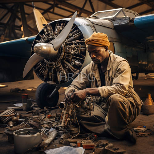 yellow turbans mark mechanics tending to vintage aircraft inside large hangars