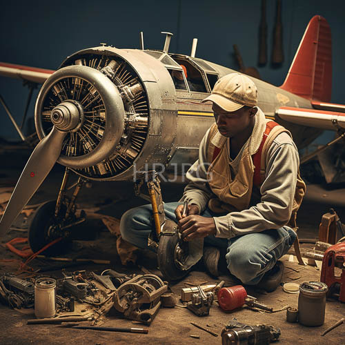 dimly lit workshop lamps cast long shadows across vintage aircraft engines