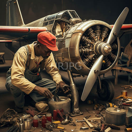 mechanics kneel on concrete floors beside vintage aircraft engine assemblies